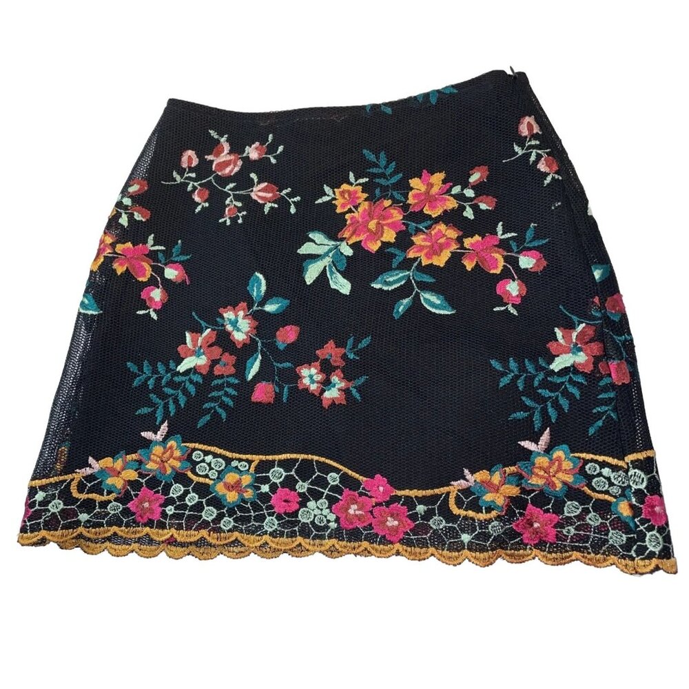Top Shop Floral Embroidery Black Mini Skirt Mesh Layered Scalloped BOHO‎ Size 2